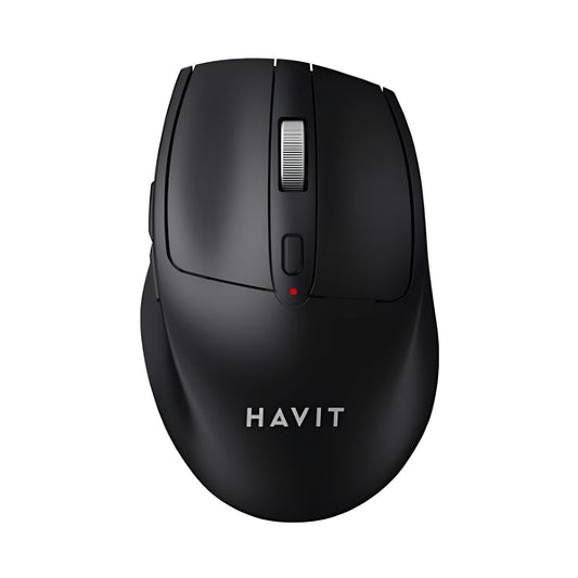 Black computer mouse with HAVIT branding on a white background