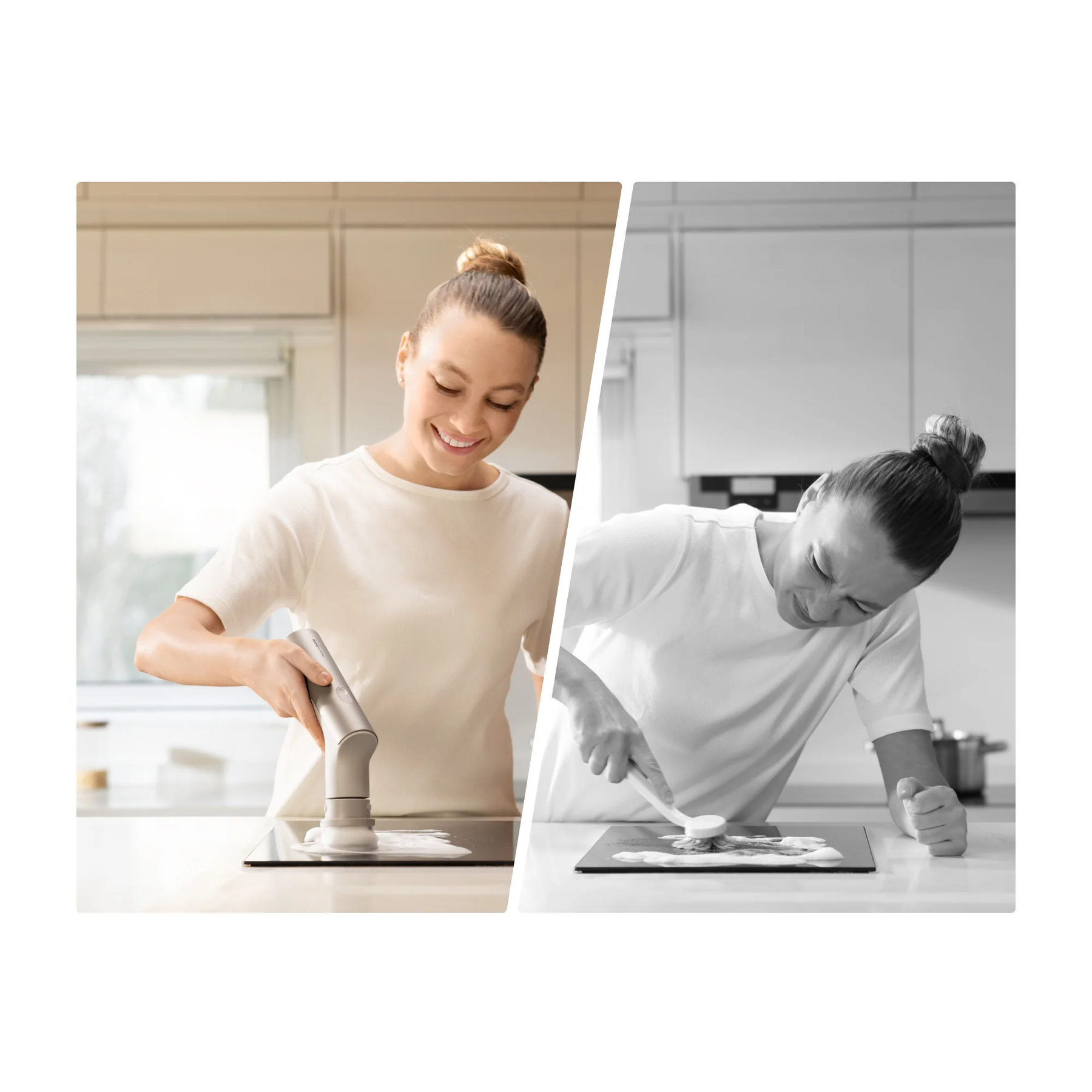 HOTO Electric Kitchen Scrubber 9 Brush Head Set Two women using kitchen sinks with a focus on ease of use.