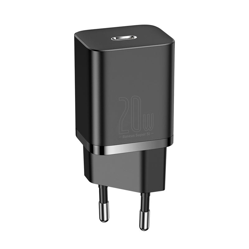 Baseus Super Si Quick Charger 1C 20W EU Black with Type-C Port and on white background