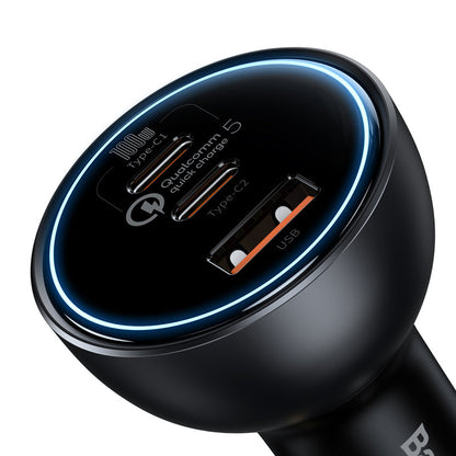 Black car charger with multiple ports on a white background