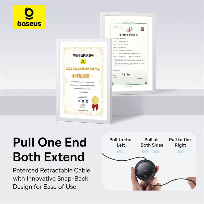 Baseus branded retractable cable with certification certificates on a white background