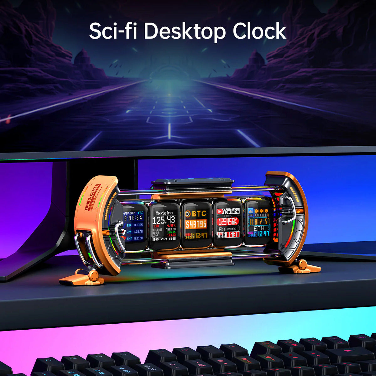 Divoom Times Gate 5‑Screen Smart Pixel Display (Wi‑Fi, RGB, Live Data Tracker) Sci-fi themed desktop clock with digital displays on a futuristic background
