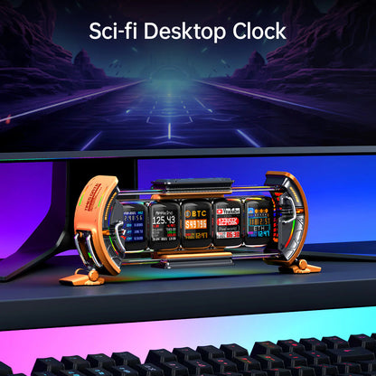 Divoom Times Gate 5‑Screen Smart Pixel Display (Wi‑Fi, RGB, Live Data Tracker) Sci-fi themed desktop clock with digital displays on a futuristic background