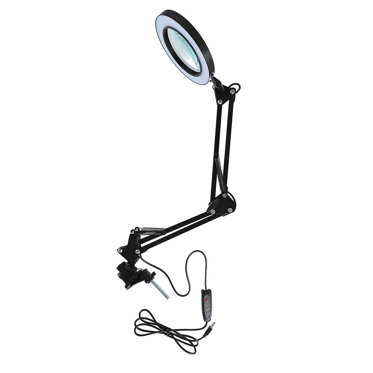 Black magnifying lamp with adjustable arm on a white background