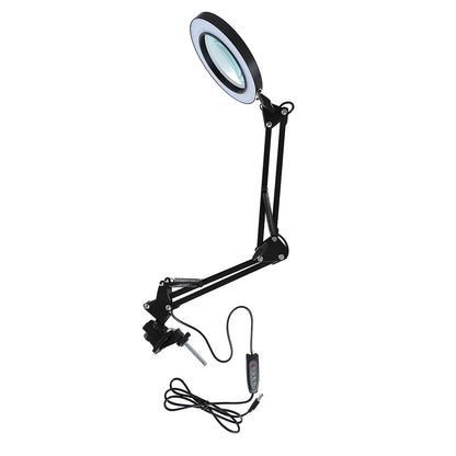 Black magnifying lamp with adjustable arm on a white background