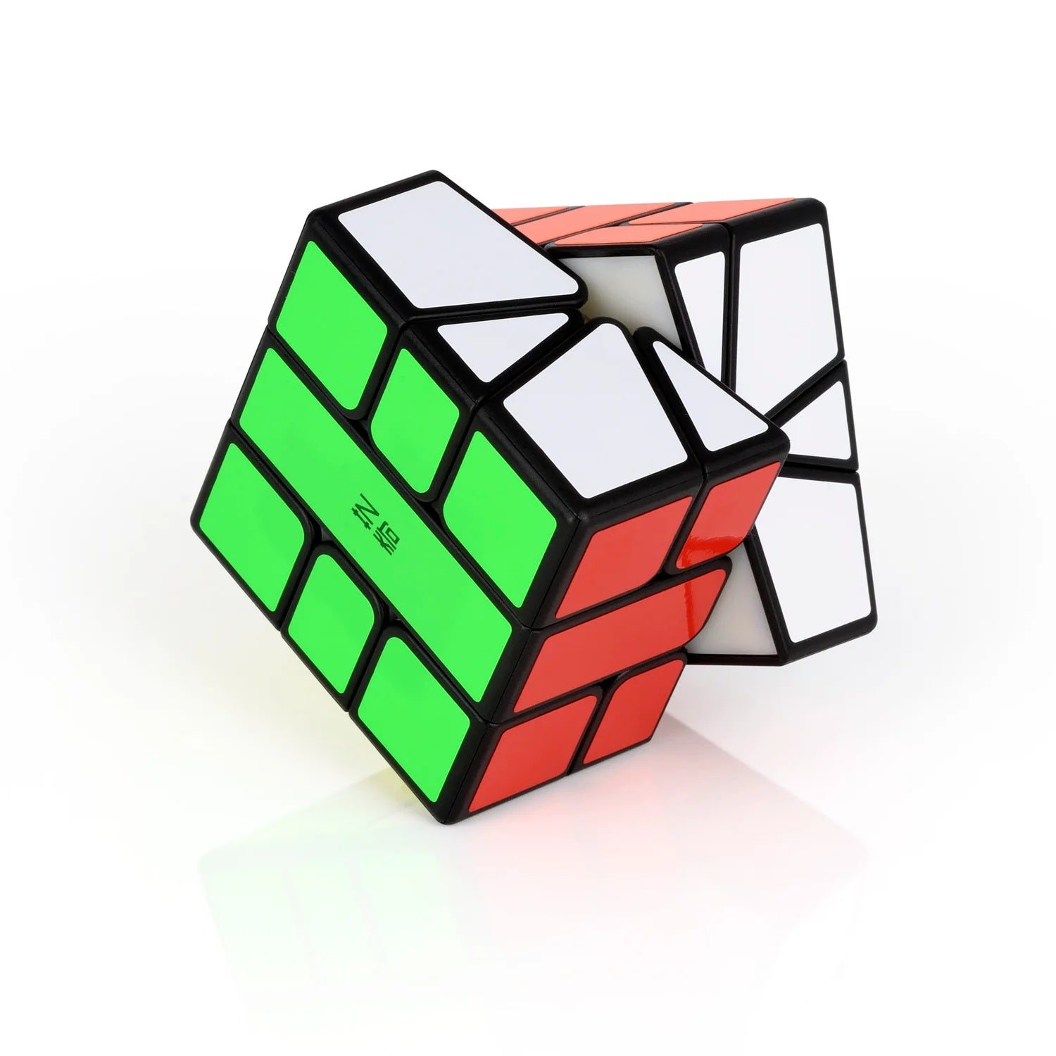 Twisted Rubik's Cube with green, red, and white sides on a white background