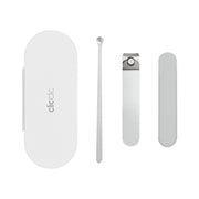HOTO Clicclic Three-Piece Nail Clipper Set of skincare tools including a white case, brush, and two metal instruments on a white background.