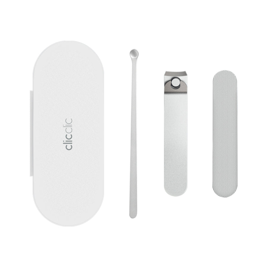 HOTO Clicclic Three-Piece Nail Clipper Set of skincare tools including a white case, brush, and two metal instruments on a white background.