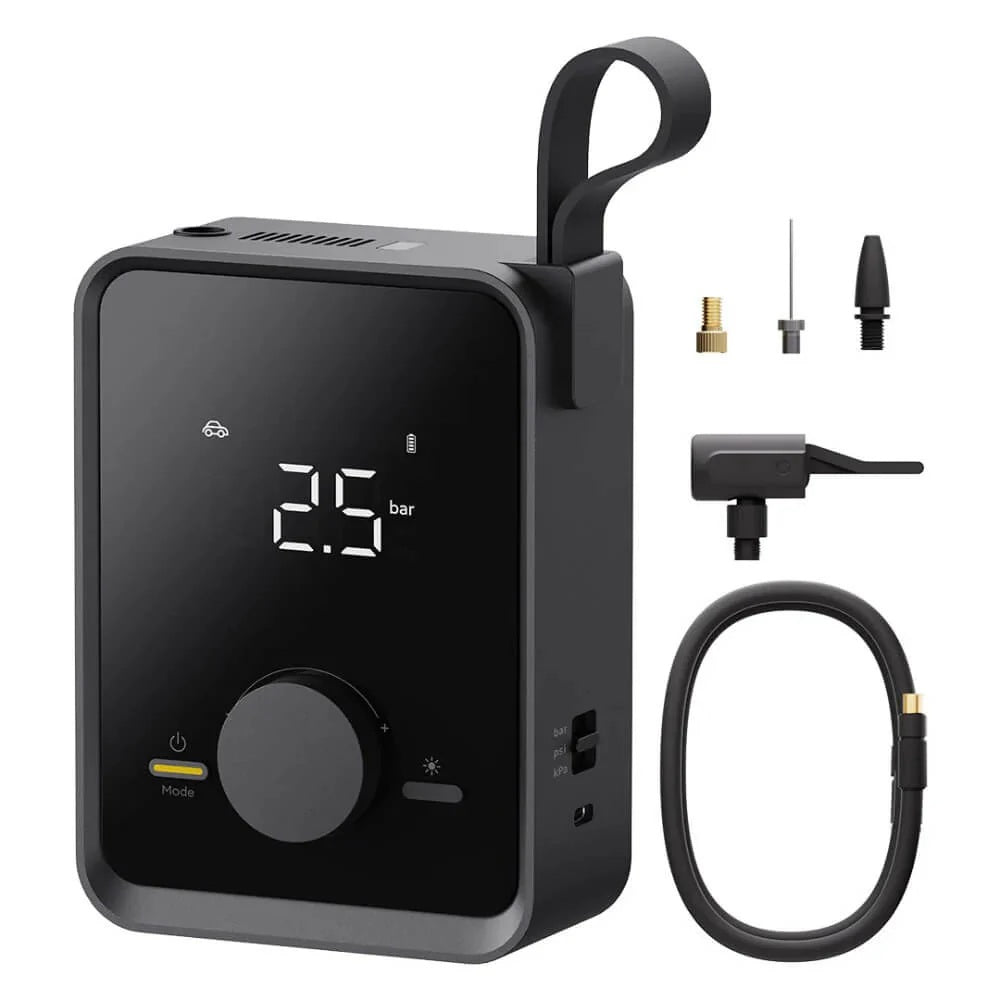 HOTO Air Pump Pro Portable Tire Inflator 120 PSI Black digital air pump with accessories on a white background