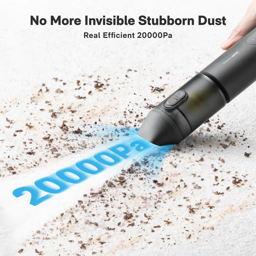Handheld vacuum cleaning dust with text 'No More Invisible Stubborn Dust' and 'Real Efficient 20000Pa'.