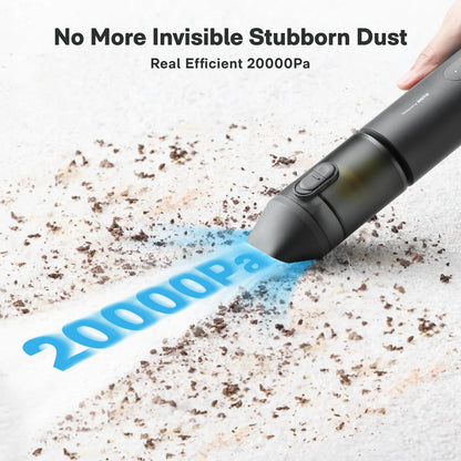 Handheld vacuum cleaning dust with text 'No More Invisible Stubborn Dust' and 'Real Efficient 20000Pa'.