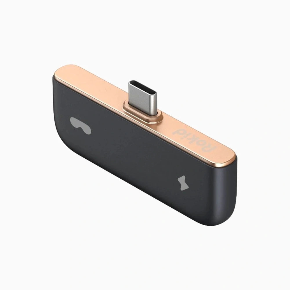 Rokid Hub USB‑C Adapter (Pass‑Through Charging, Switch Dock Mode, Dual USB‑C Out) Black and rose gold USB-C adapter on a white background