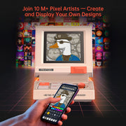 Divoom MiniToo Retro Pixel Bluetooth Speaker (1.77" Screen, 5W, App Control) Vintage-style pixel art creation device with a hand holding a smartphone displaying a design.