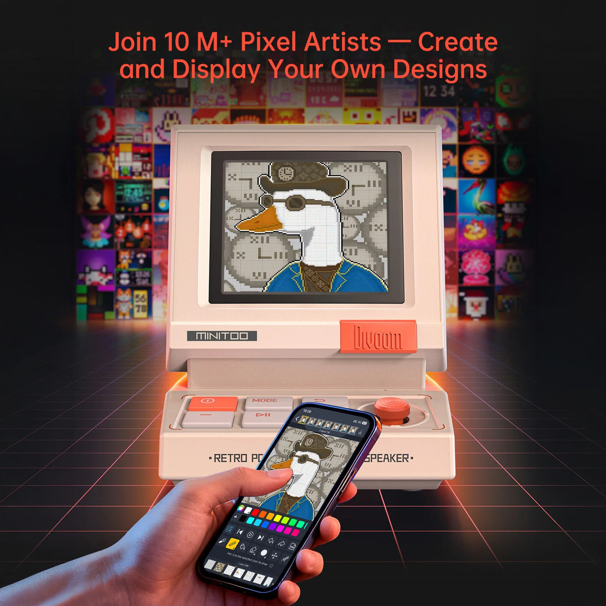 Divoom MiniToo Retro Pixel Bluetooth Speaker (1.77" Screen, 5W, App Control) Vintage-style pixel art creation device with a hand holding a smartphone displaying a design.