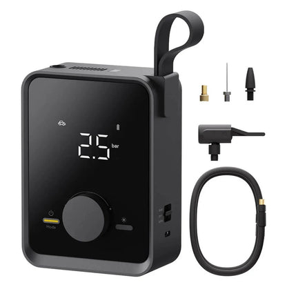 HOTO Air Pump Pro, Black digital air pump with accessories on a white background