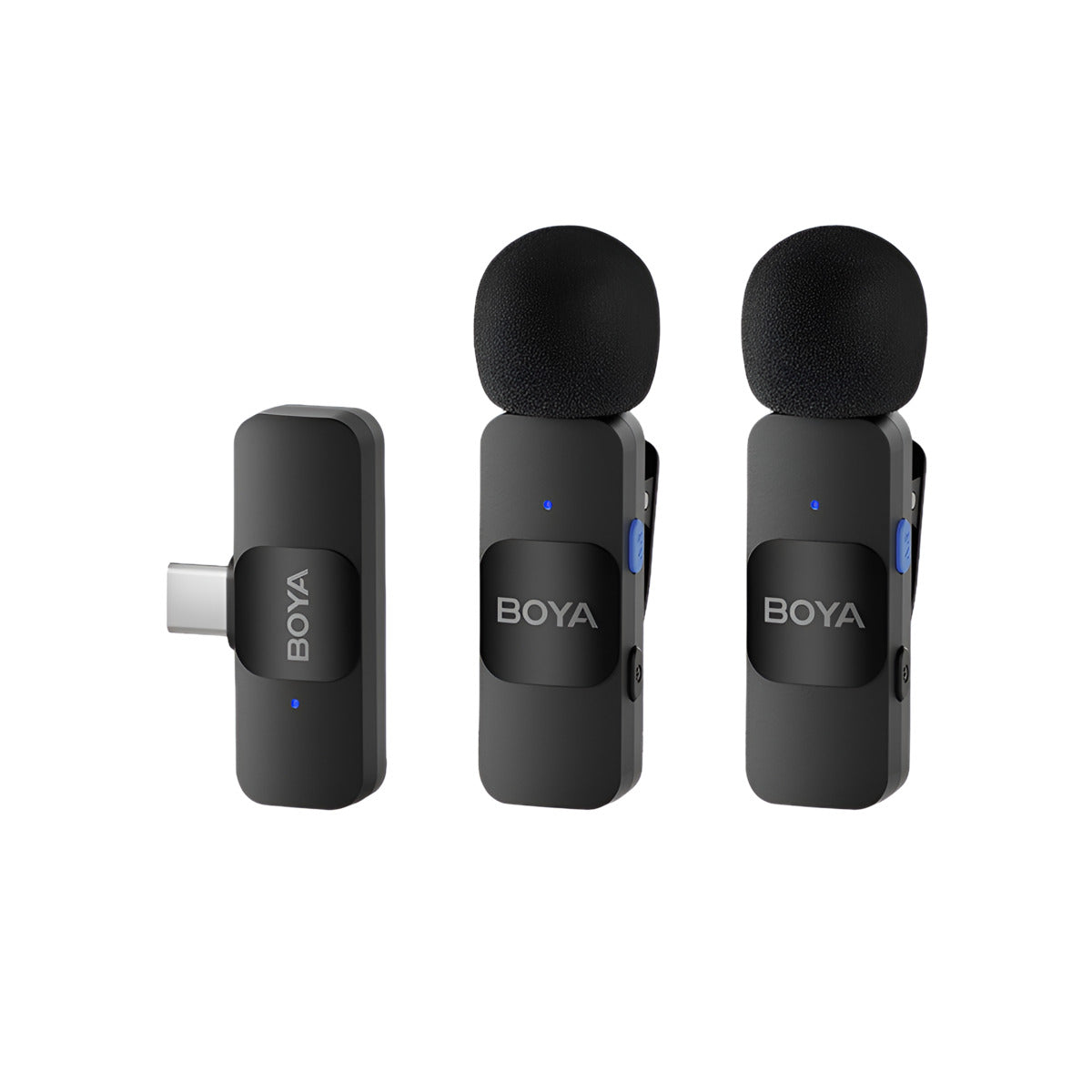 Three BOYA BY-WM4 wireless microphones on a white background