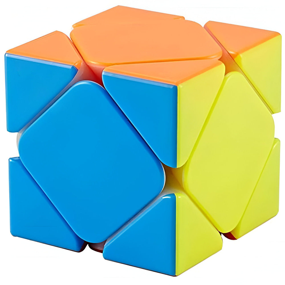 Triangular Fan Cube 3×3 Skewb‑Style Puzzle Colourful geometric puzzle cube with orange, blue, and yellow faces on a white background