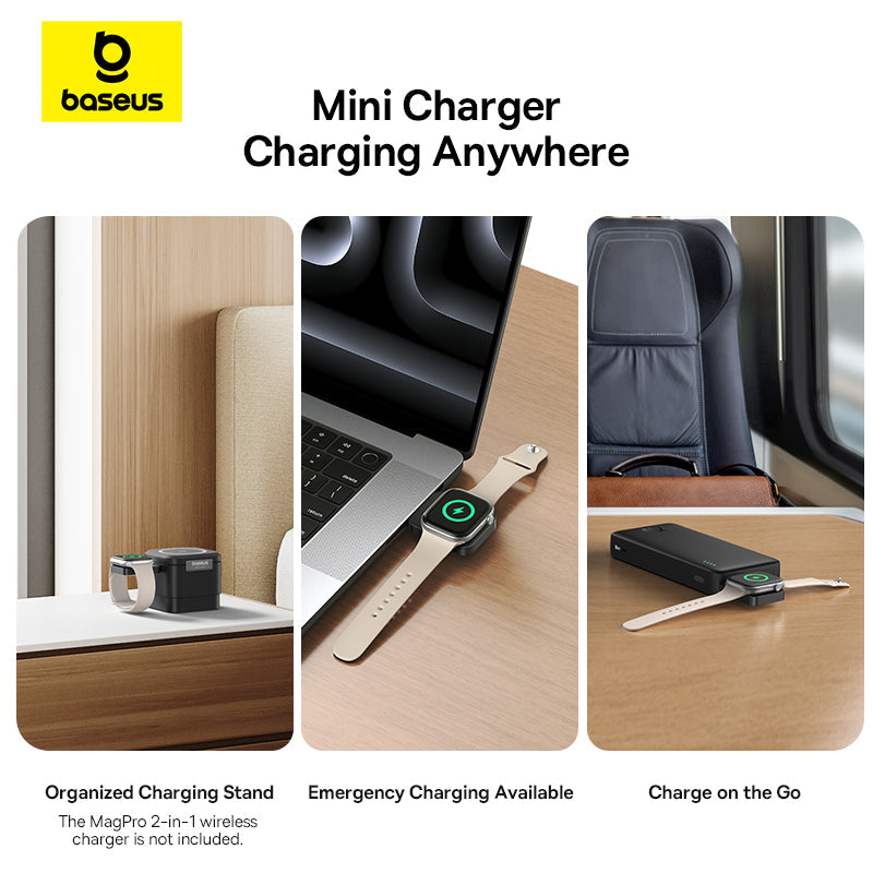 Baseus mini charger with various usage scenarios on a white background