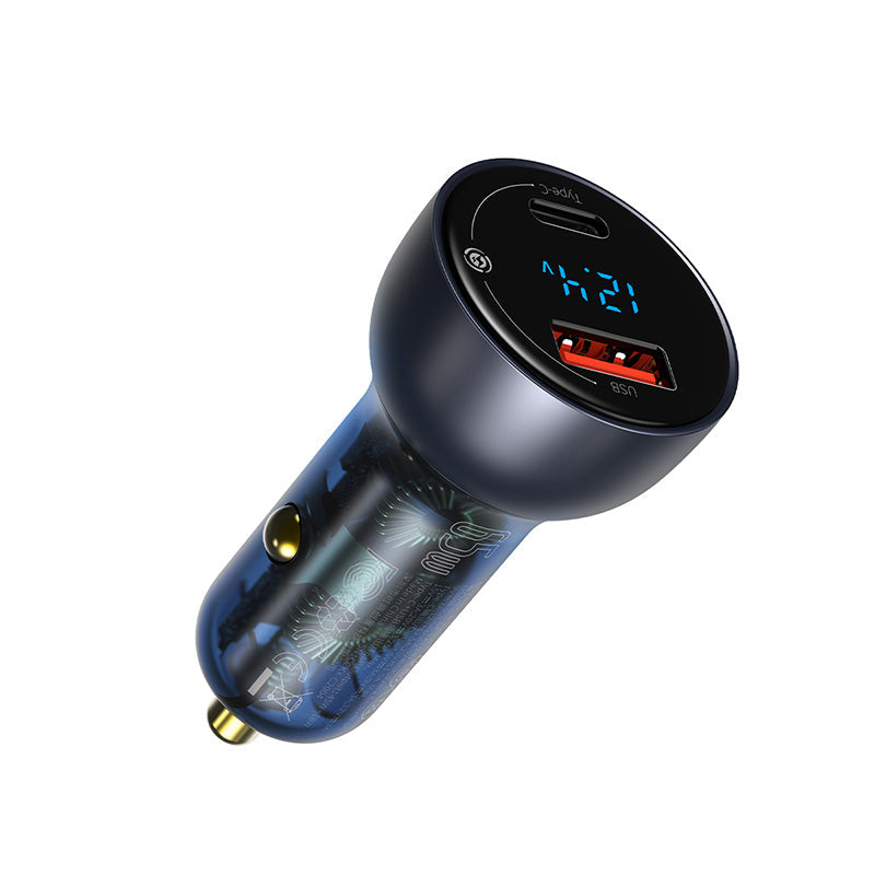 Baseus Particular Digital Display QC+PPS Dual Quick Charger Car Charger 65W Dark Gray With Typc-C and USB port On White Background