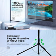 HAVIT PS100 100-Inch 4K Projector Screen Portable Anti-Glare 100-inch projection screen with stand and projector setup in a room.