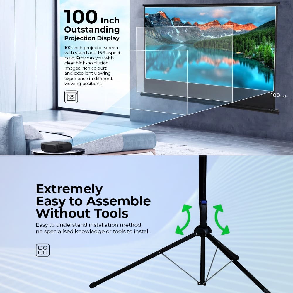HAVIT PS100 100-Inch 4K Projector Screen Portable Anti-Glare 100-inch projection screen with stand and projector setup in a room.