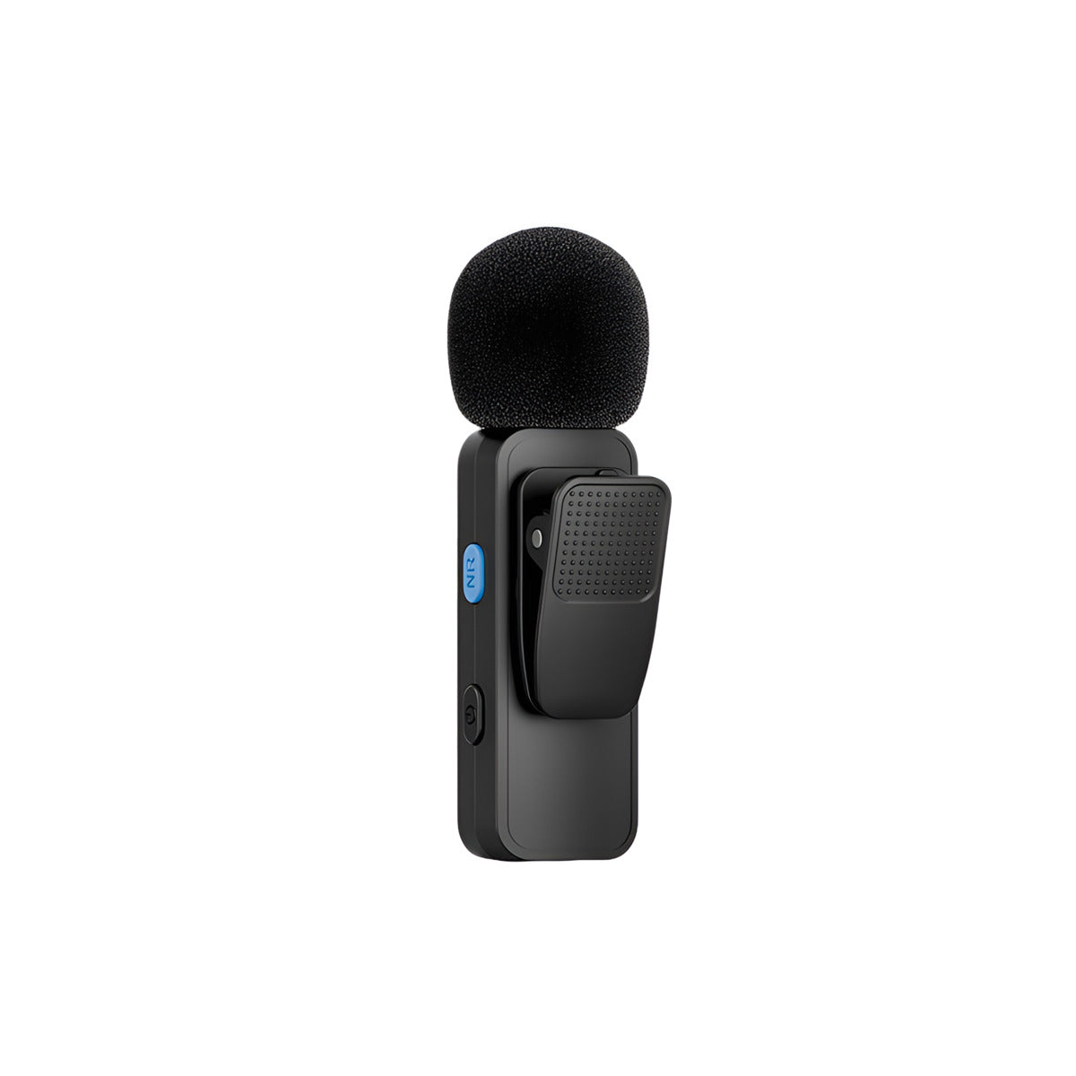 Black lavalier microphone on a white background