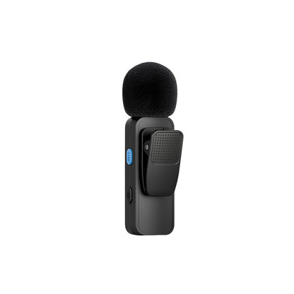 Black lavalier microphone on a white background