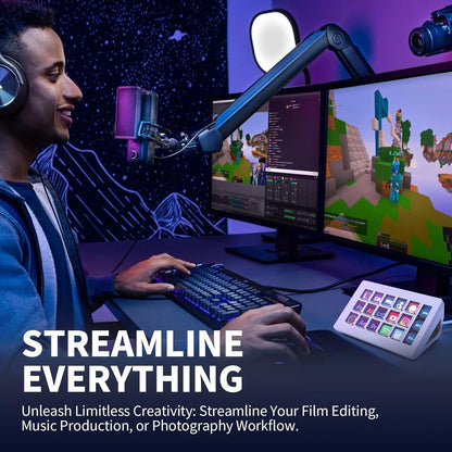 Person streaming or working on a computer with multiple monitors and gaming setup.