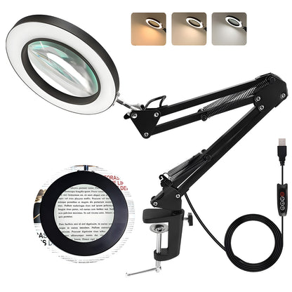 2‑in‑1 LED Desk Magnifying Lamp (360° Arm, 3 Colour Modes, Clamp/Base) Magnifying glass with adjustable arm and LED light on a white background
