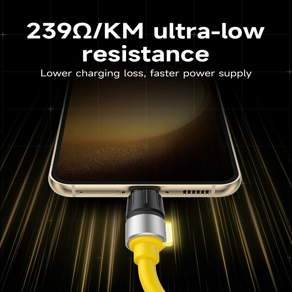 Sharge Phantom USB‑C to USB‑C Cable (240W PD 3.1, 1.2m Silicone, LED Indicator) Phone charging cable with text about ultra-low resistance on a dark background