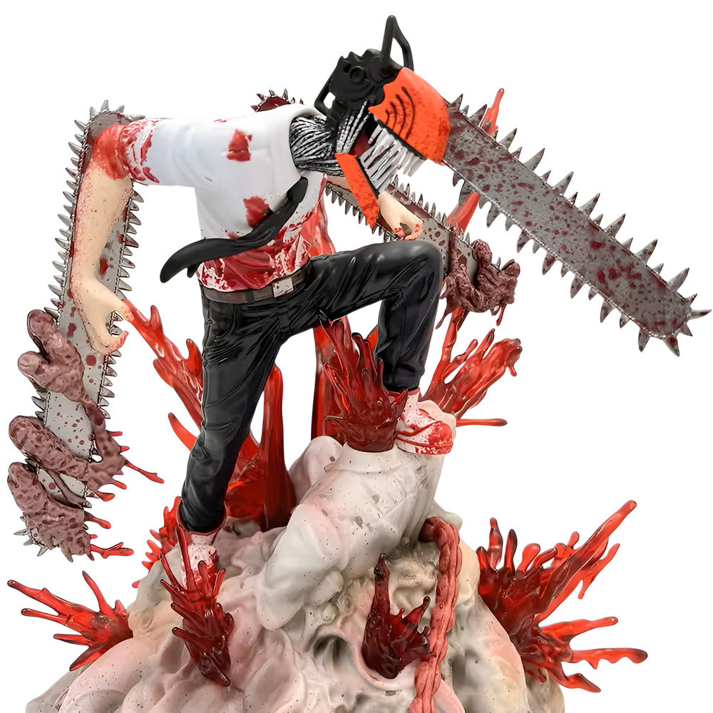Gore-themed figurine with a person holding a chainsaw, surrounded by red and white elements on a white background.
