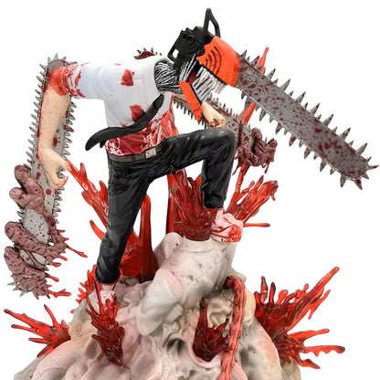 Gore-themed figurine with a person holding a chainsaw, surrounded by red and white elements on a white background.
