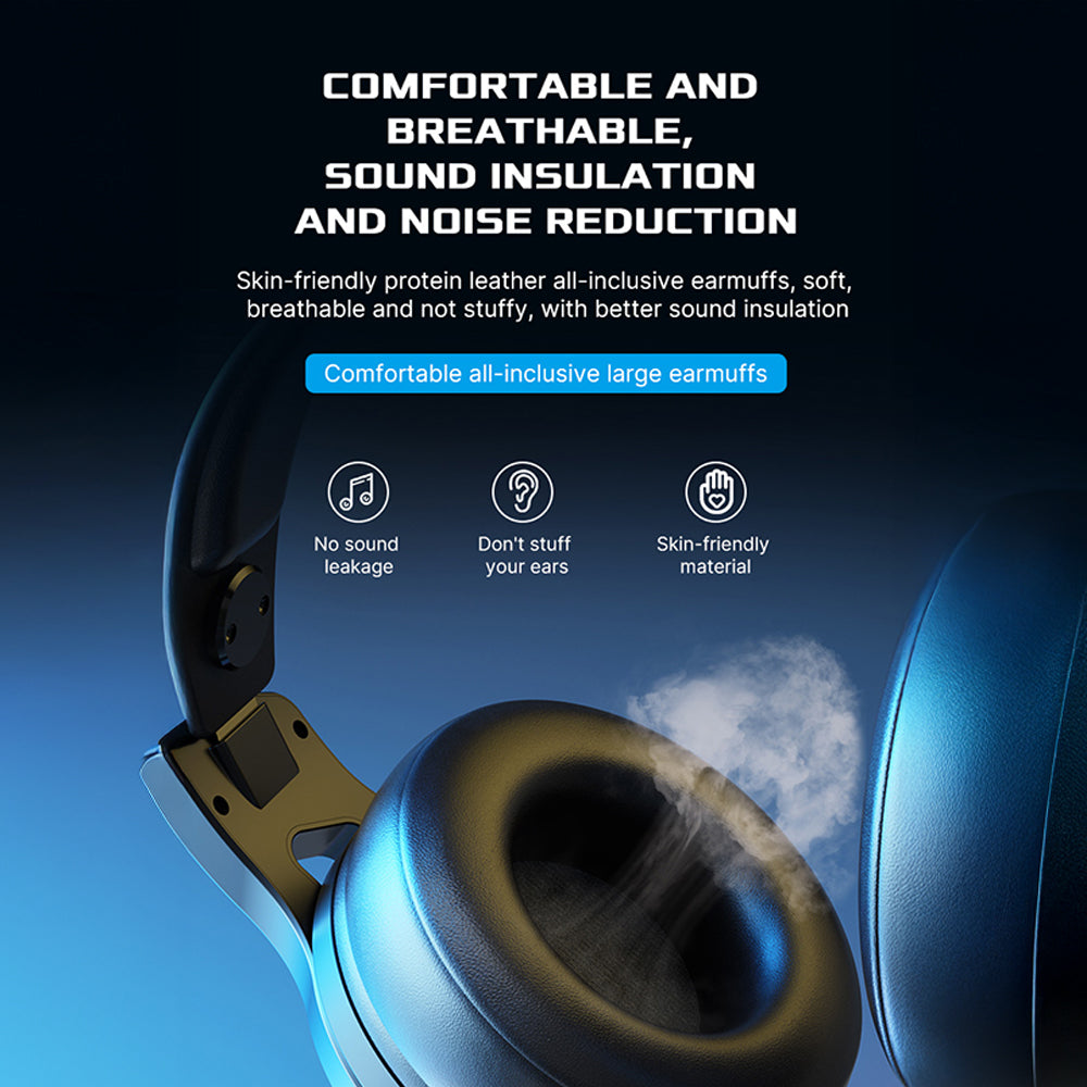 Blue earmuffs with text highlighting comfort, sound insulation, and noise reduction on a dark background.