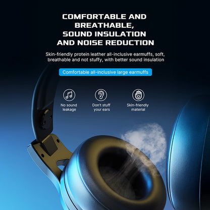 Blue earmuffs with text highlighting comfort, sound insulation, and noise reduction on a dark background.