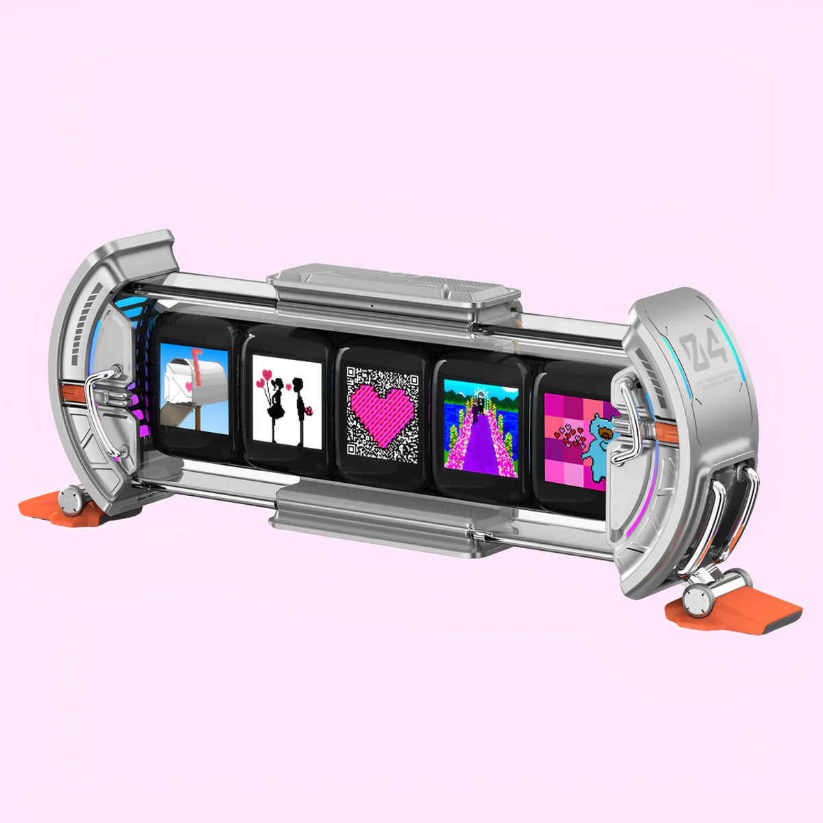 Divoom Times Gate 5‑Screen Smart Pixel Display (Wi‑Fi, RGB, Live Data Tracker) Toy-like device with multiple screens displaying colorful graphics on a pink background