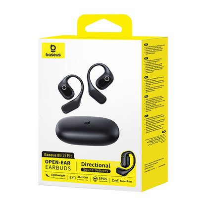 Baseus open-ear earbuds packaging with yellow and white design