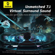 Advertisement for Baseus 7.1 virtual surround sound with a person wearing headphones in a gaming setup.