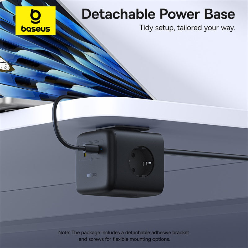 Baseus detachable power base with adhesive bracket on a gray background