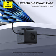 Baseus detachable power base with adhesive bracket on a gray background