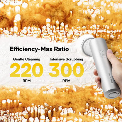HOTO Electric Kitchen Scrubber, Handheld cleaning tool with text on efficiency and RPMs against a textured background