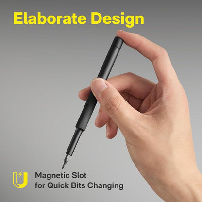 Hand holding a black screwdriver with 'Elaborate Design' text and magnetic slot feature on a gray background.
