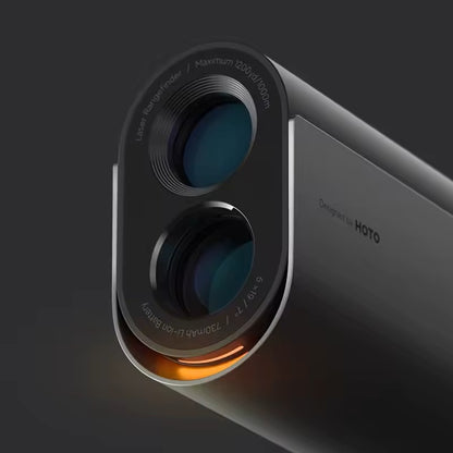 HOTO Golf Laser Rangefinder, Close-up of a device with lens and 'HOTO' branding on a dark background