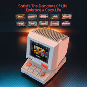 Divoom MiniToo Retro Pixel Bluetooth Speaker (1.77" Screen, 5W, App Control) Vintage-style electronic device with a screen displaying colorful graphics on a dark background with text.