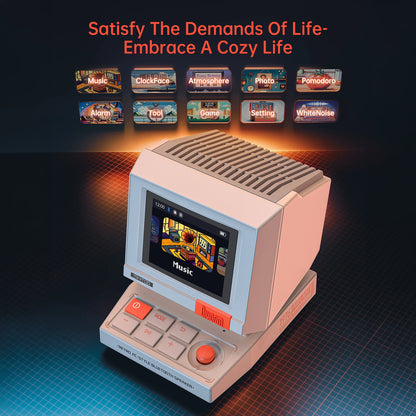 Divoom MiniToo Retro Pixel Bluetooth Speaker (1.77" Screen, 5W, App Control) Vintage-style electronic device with a screen displaying colorful graphics on a dark background with text.