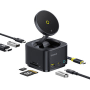 Baseus charging station with multiple ports and cables on a white background