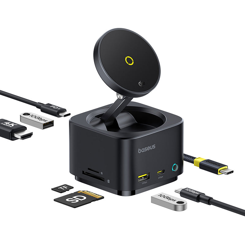 Baseus charging station with multiple ports and cables on a white background