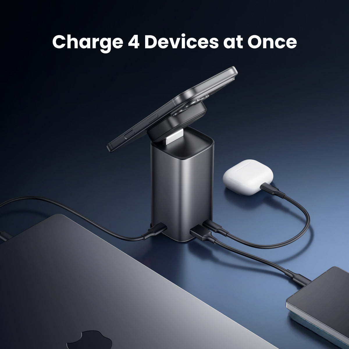Sharge StandMag 15000 Power Bank (100W USB‑C, Qi2 MagSafe 15W, 15000mAh) Multi-device charging station with laptop, phone, and wireless earbuds on a dark background