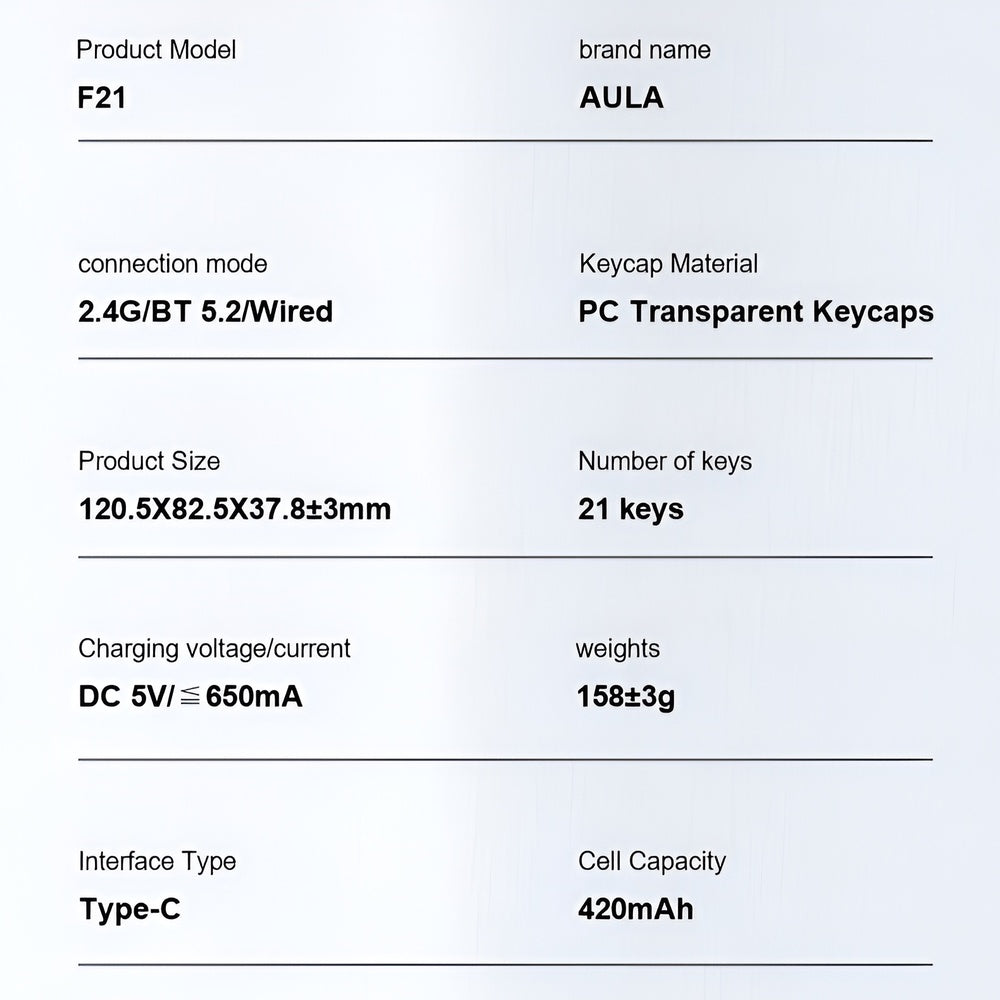 Product specifications for AULA F21 keyboard on a light gray background