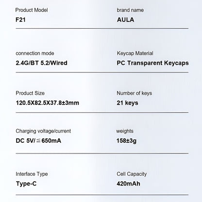Product specifications for AULA F21 keyboard on a light gray background