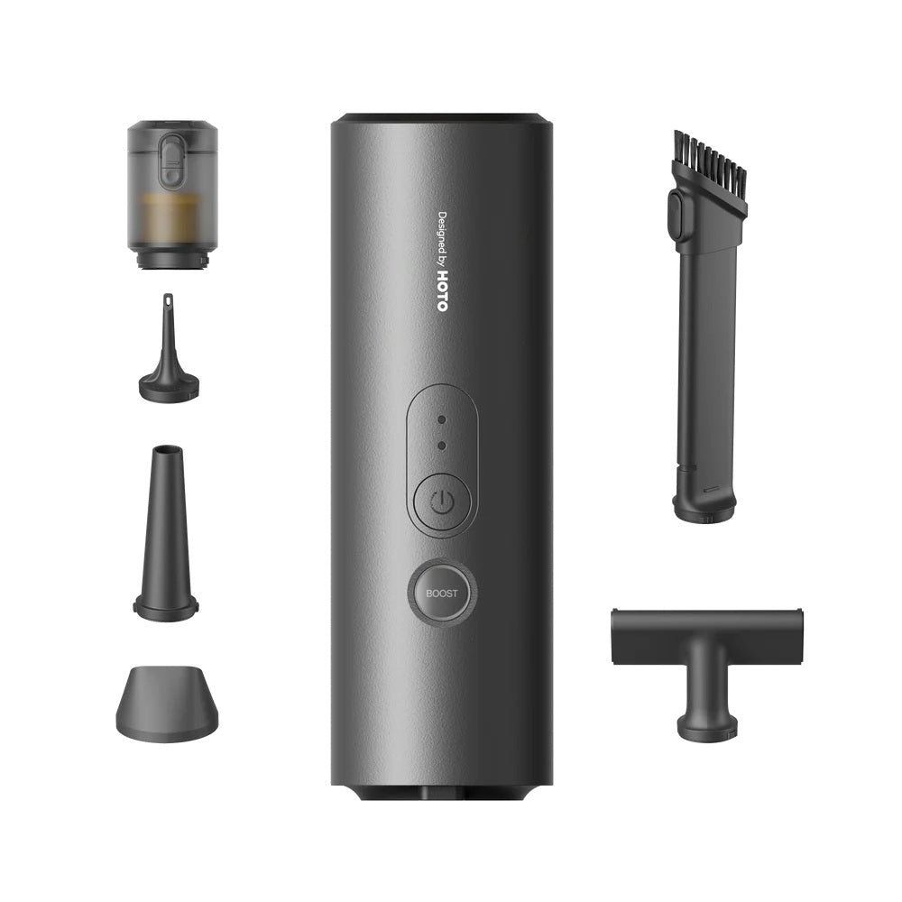 HOTO AutoCare Air Duster & Vacuum Black handheld device with attachments on a white background
